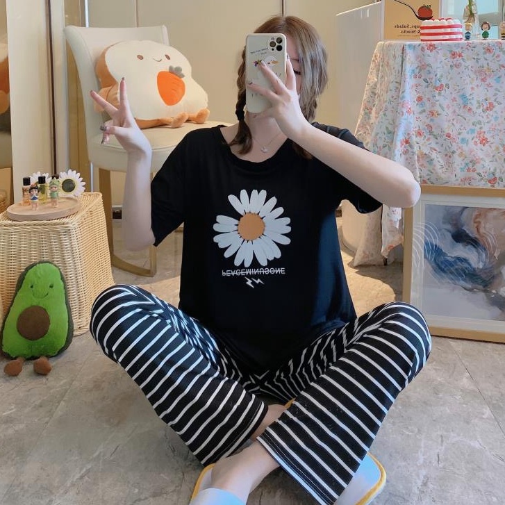 Baaju.id Baju Setelan Piyama Import Jumbo Big Size Baju Rumah Baju Tidur Wanita KR1001-FLOWER (BLACK)