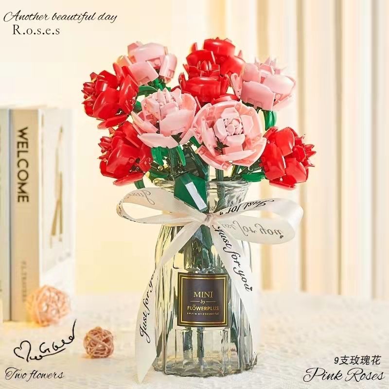 lego bunga balok mainan diy bouquet flower mawar merah blok bangunan bunga palsu dekorasi hadiah ula
