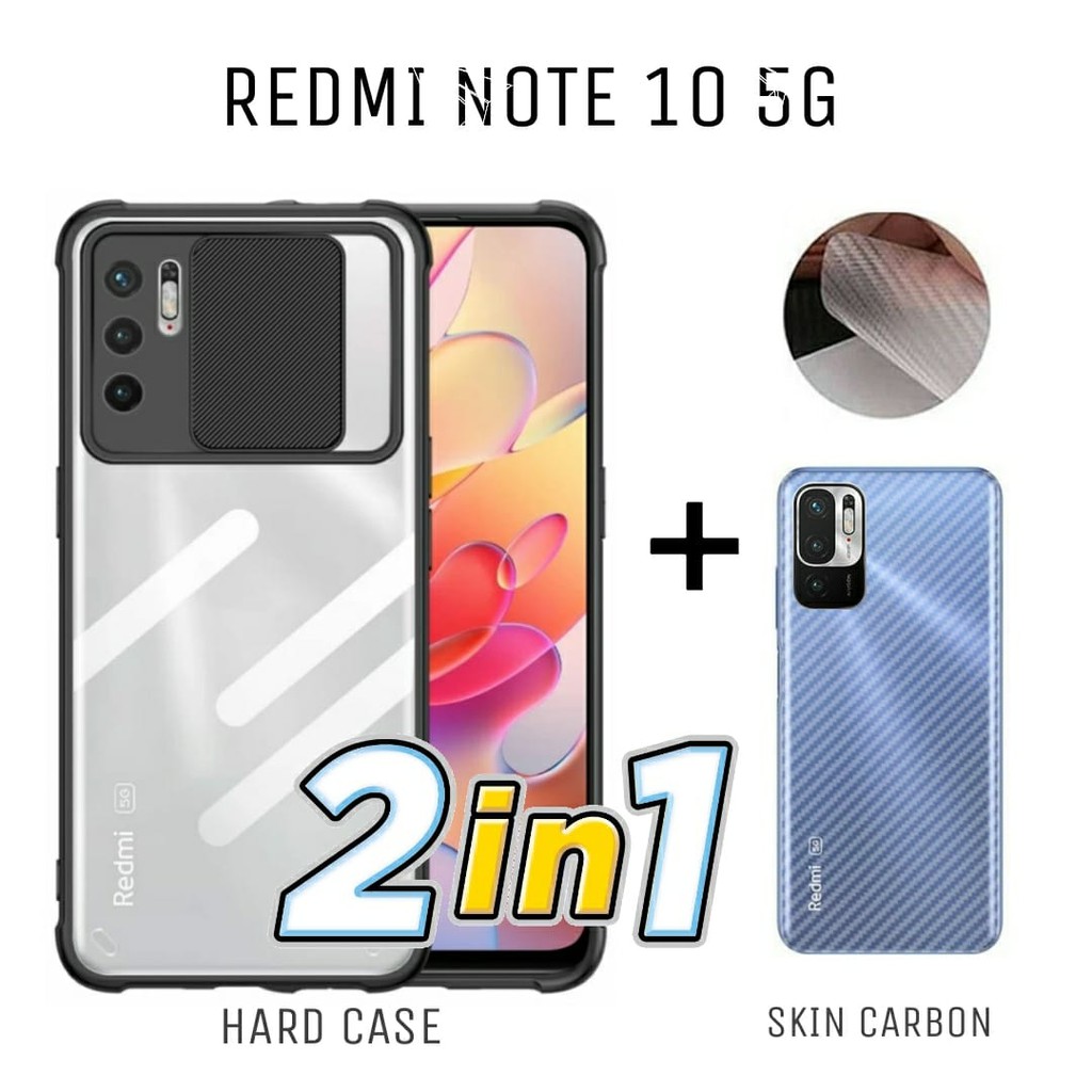Case REDMI NOTE 10 5G Paket 2in1 Hard Case Fusion Shield Transparant Free Skin Carbon