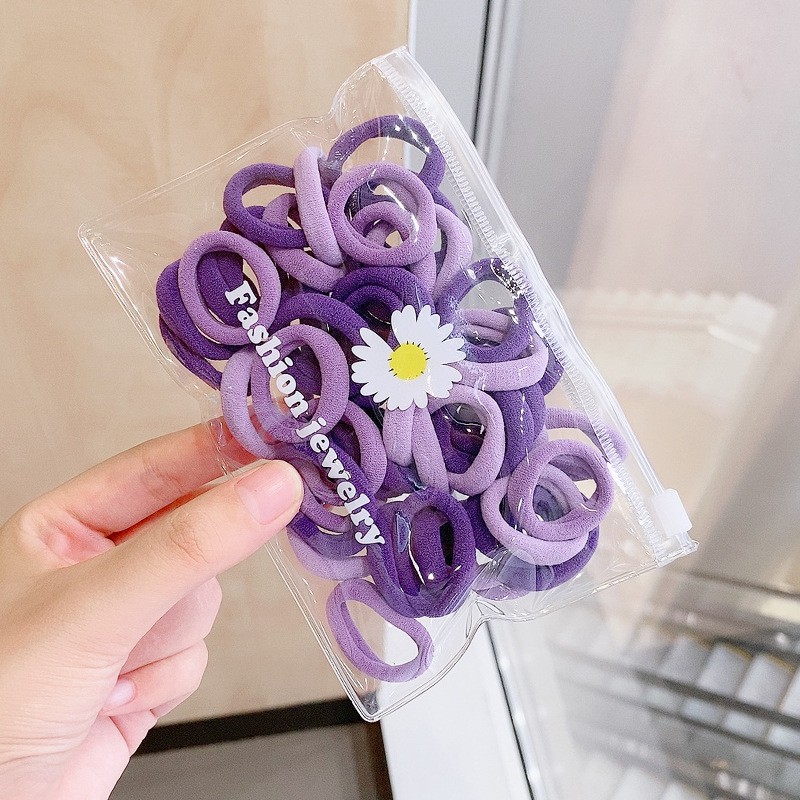 OVERFLOWS.ID 50 Pcs Tali Rambut Donut Dengan Pouch Bunga Daisy Import Ikat Rambut Set Import-Ungu Daisy