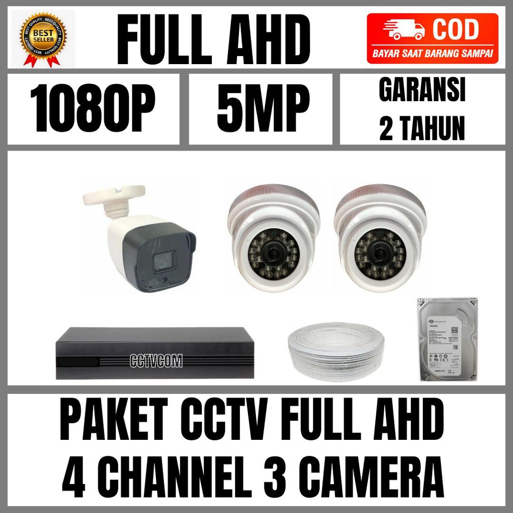 PAKET CCTV FULL AHD 4 CHANNEL 3 KAMERA 5MP IR SONY 1080P KOMPLIT TINGGAL PASANG