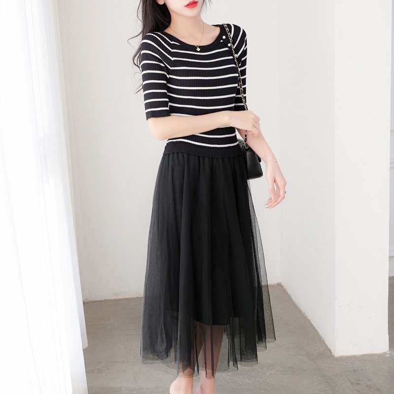 【Elegant】 Korean Solid Hem stitching Gauze Premium Knit Dress  7367