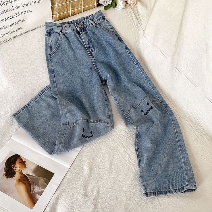 Bordir Smile Kekinian/Biru Boyfriend Highwaist Loose Celana Jeans Panjang Wanita (realpict)