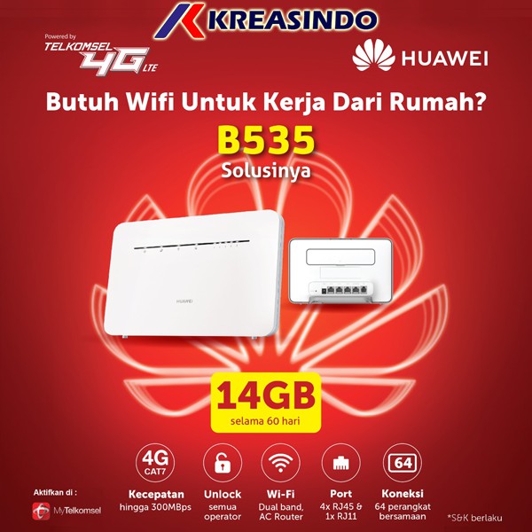 Huawei B535 Home Router Wifi 4G LTE Cat 7 Unlock Free Telkomsel 14Gb