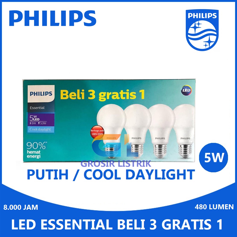 Lampu Philips LED Essential Multipack 5W Putih (Paket 5 W Watt Beli 3 Gratis 1) Bundling Ess 5Watt