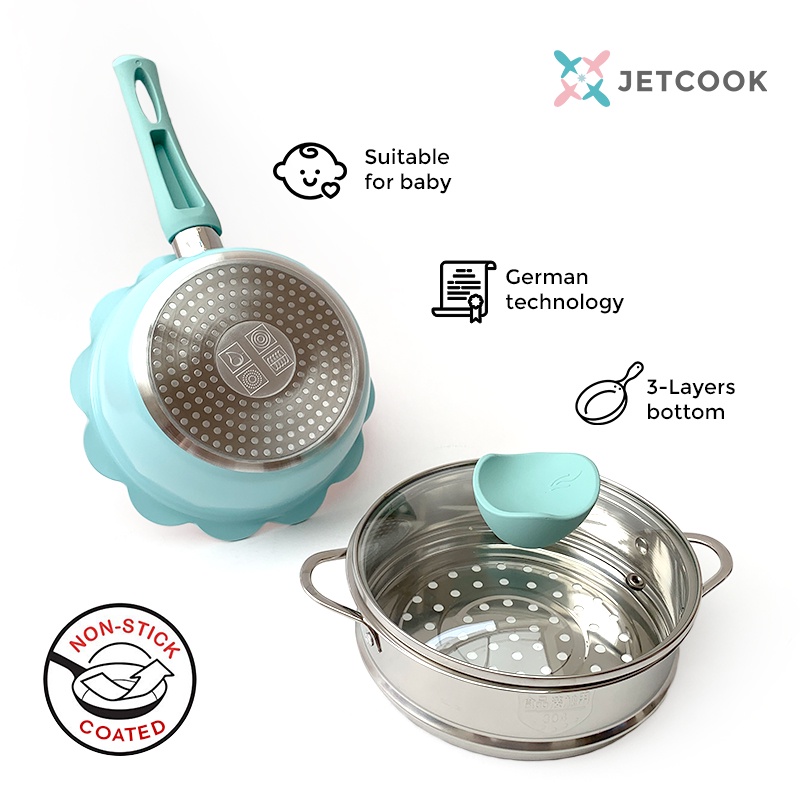 JetCook Baby Cookware Milk Pan dan Steamer 16 cm - Panci dan Kukusan untuk Bayi - Biru Muda