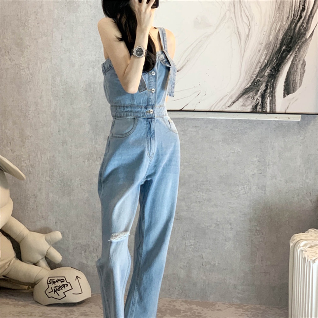 Design sense niche denim overalls summer dress ins wind high waist drape slim fit pants women s spri