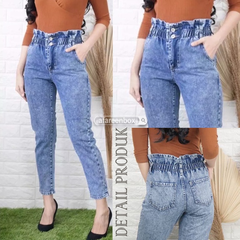 AFAREEN - Boyfriend Jeans Wanita Celana Kulot Jeans Hitam Pinggang Karet Celana Kulot Highwaist