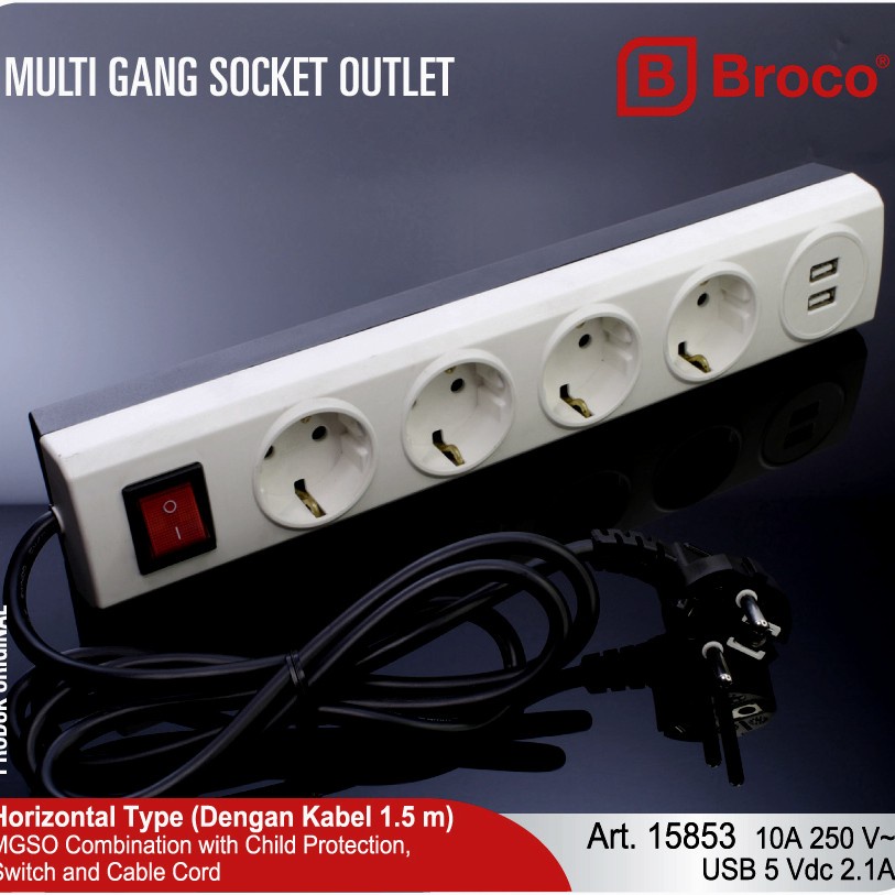 BROCO STOP KONTAK ARDE CP 4 LUBANG + 2 USB + SAKLAR + KABEL 1.5M 15853