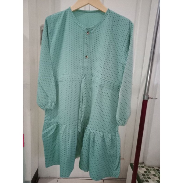 tunik rempel cantik serut pinggang ld 102 motif polkadot warna mint