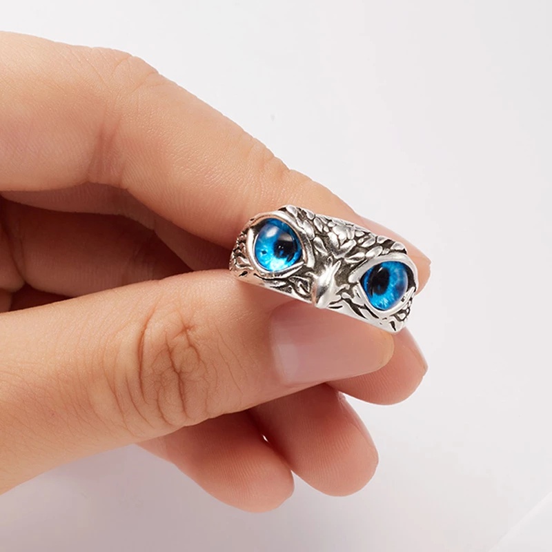 Cincin Model Terbuka Adjustable Desain Mata Iblis Burung Hantu Untuk Pria Dan Wanita