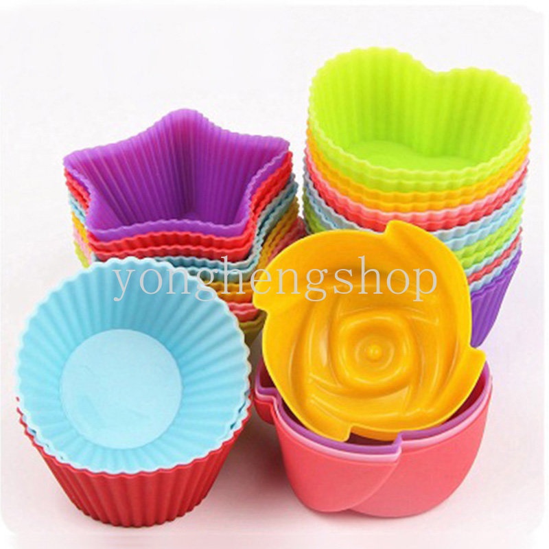 1 Pc Cetakan Cupcake Bentuk Hati Bintang Bunga Bulat Bahan Silikon Anti Lengket Reusable
