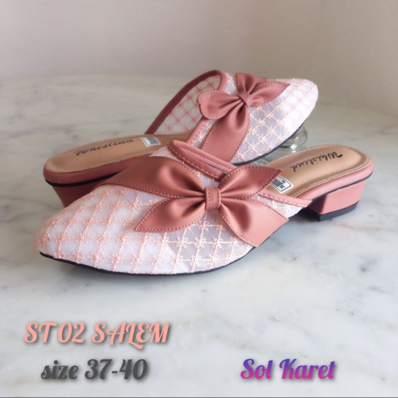 WHISLIND SEPATU SENDAL HAK 3 CM PITA BROKAT JALA ALAS KARET MULES