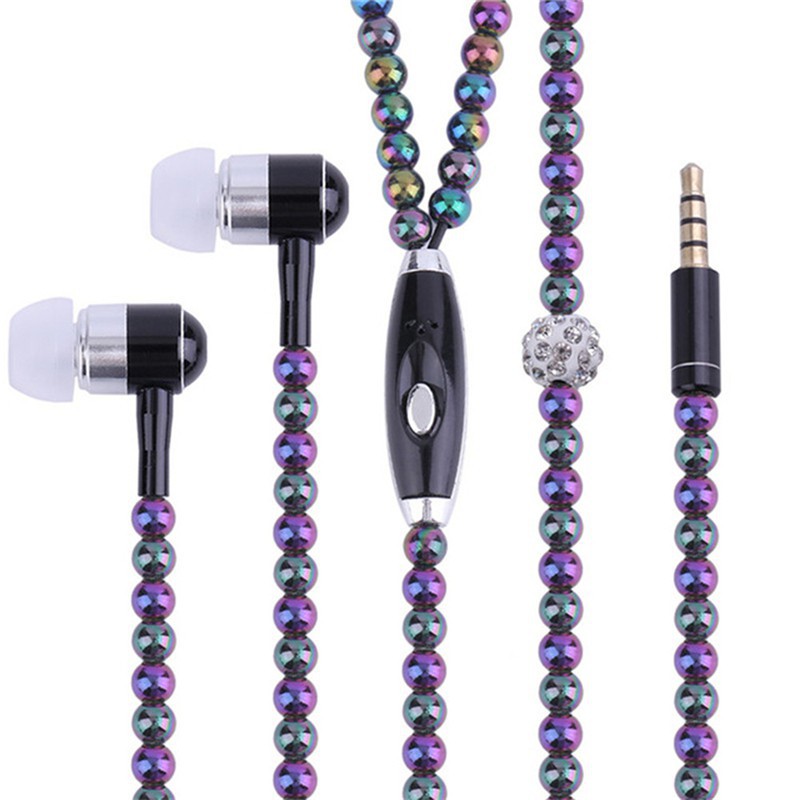 Headset Earphone In-ear Stereo Kabel 3.5mm Desain Kalung Mutiara Dengan Mic