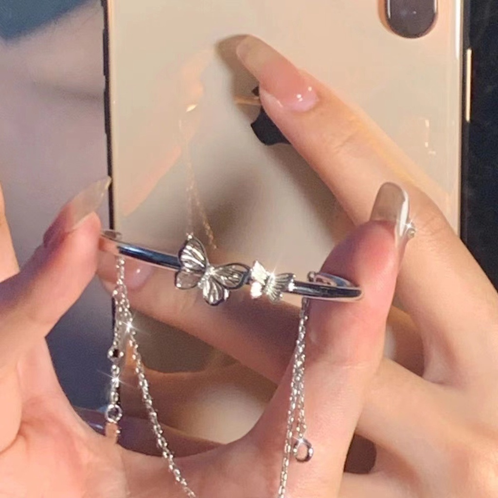 AY(CN) Gelang Rantai Silver Model Butterfly Heart Double Layer Untuk Wanita