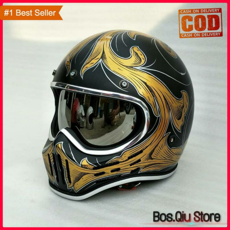 HELM CUSTOM CLASSIC SIMPSON M30 RETRO MOTIF LEAF GOLD KACA DALAM INNER VISOR LIST CHROME/KARET