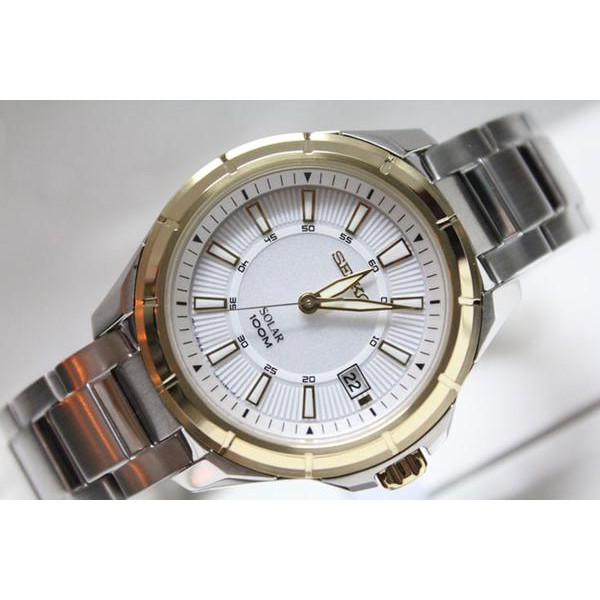 Seiko Solar SNE084P1 White Dial Gold Tone Hands | Jam Pria SNE084