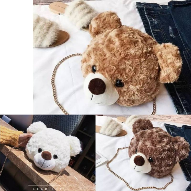 Tas bulu selempang bahu boneka kepala beruang / tas bahu beruang / tas bulu / Tas selempang boneka k