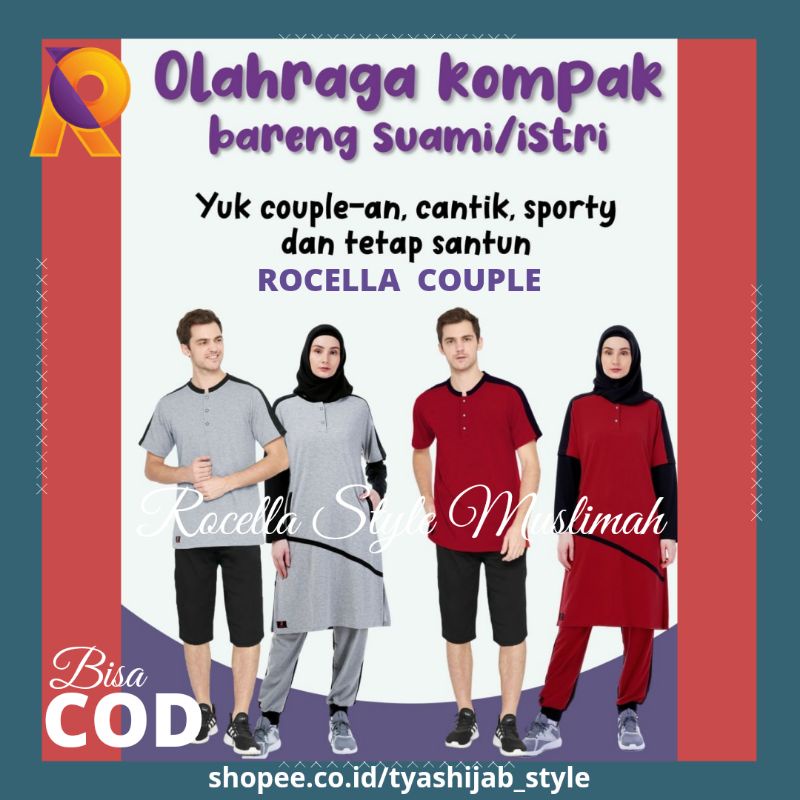Baju Olahraga  Couple Wanita Muslimah Rocella Kaos RAVENA  dan Celana TERREVA Pakaian Olahraga Pria 