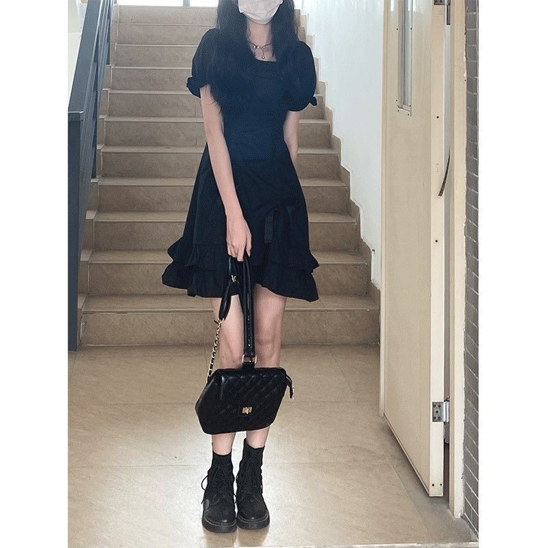 [MikanHiro Store] Dress Gothic Black Polos Midi Dress Gaun Gothic hitam polos Size S up to XL