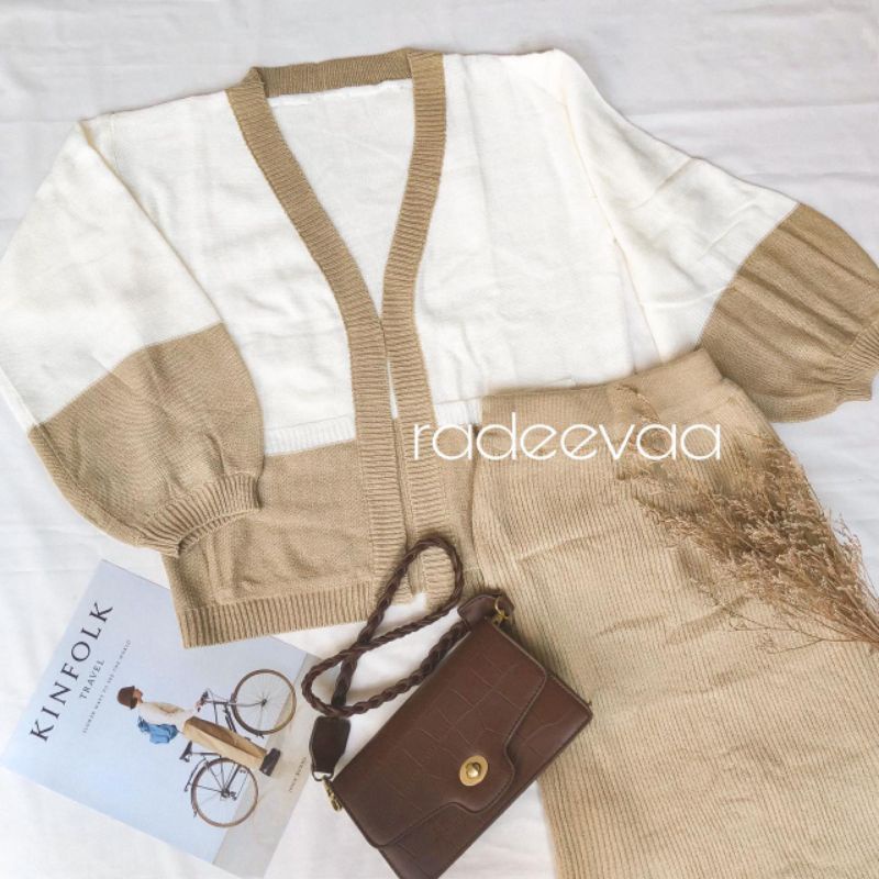 ONE SET RAJUT TWO TONE CARDIGAN DAN ROK KNIT PREMIUM-Cream