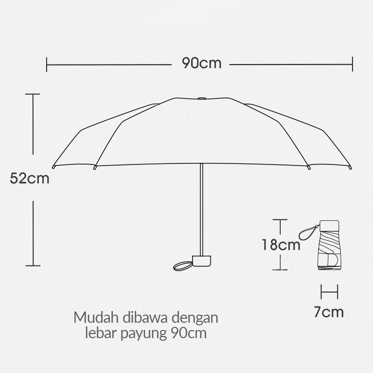 Vana Payung Lipat Mini Cantik Anti UV UPF 50+ Portable Foldable Umbrella Travel Seukuran HP D92CM Rangka Besi Kokoh Dapat Sarung &amp; Tali