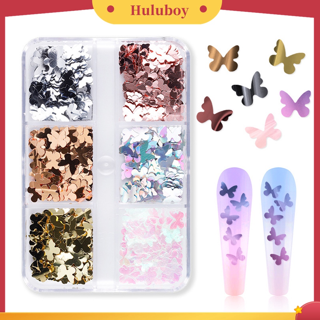 Huluboy Huluboy♡ 6 Grid / Kotak Sequin Bentuk Kupu-Kupu Untuk Nail Art Butterfly