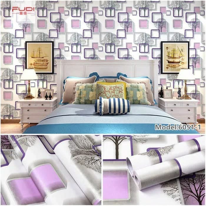 Wallpaper Dinding Kamar  Tidur Motif 3D Pohon Kotak  Pink 