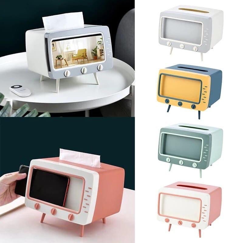 tempat tissue box bentuk tv ada hp holder