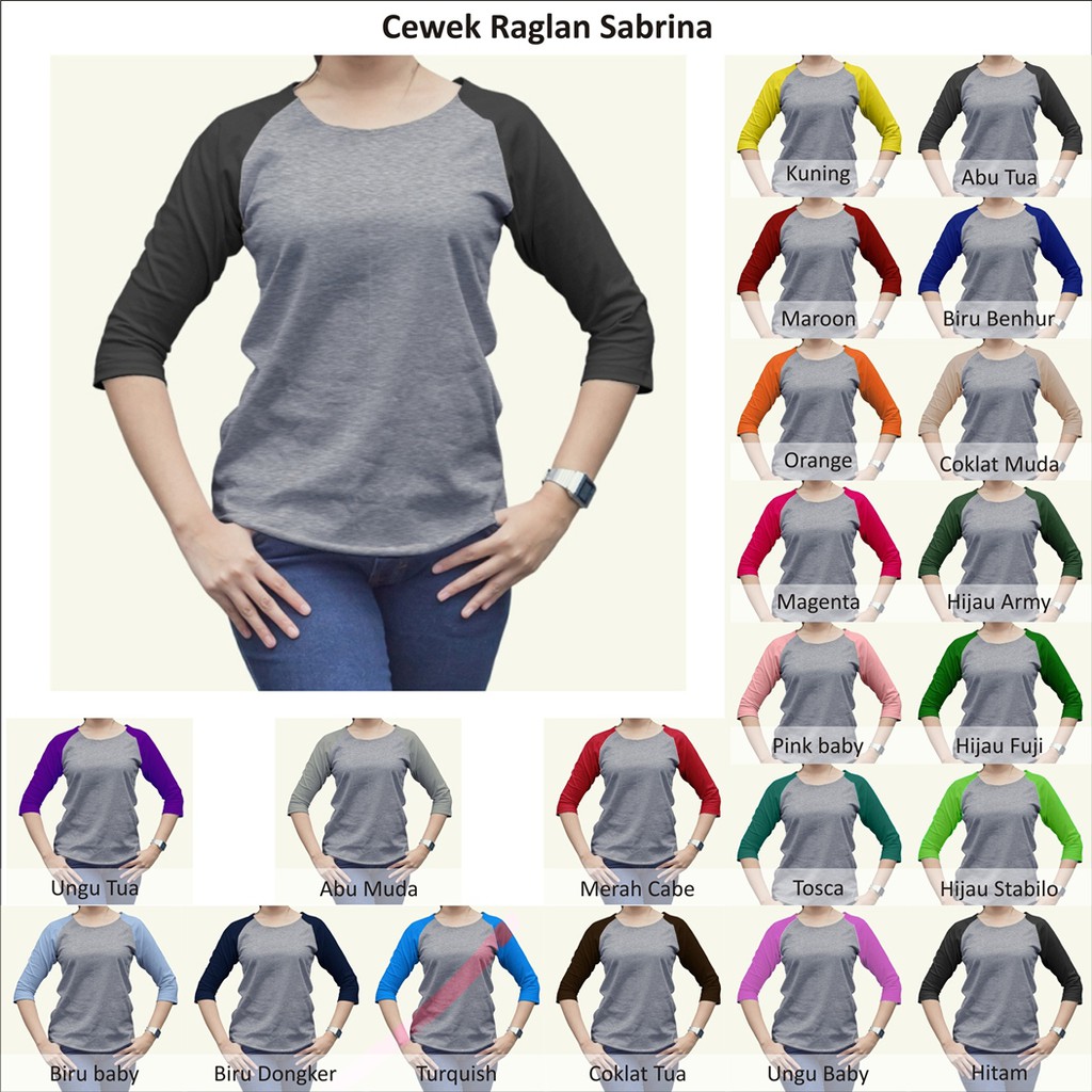 Kaos Raglan Sabrina Wanita Cewek XS-XXL Body Misty, Combed Jumbo