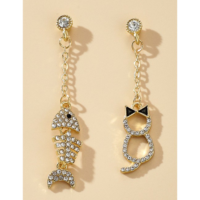 LRC Anting Tusuk Fashion Cat Eating Fish Chain Fringed Diamond Long Pearl Earrings K44589