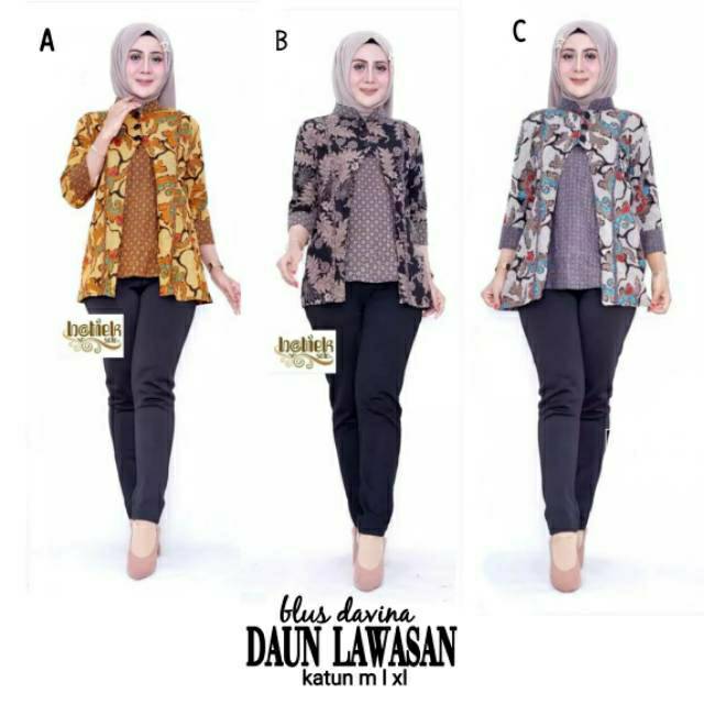 Blouse Batik Wanita Modern Kombi Daun Lawasan Atasan Kerja Murah Seragam Kantor