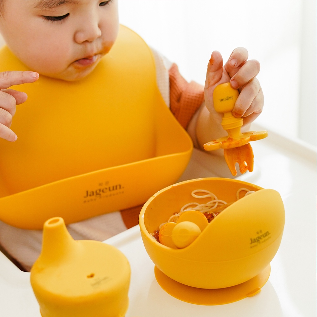 JAGEUN Premium MP-AS set l Silicone Baby Suction Bowl, Silicone Training Spoon &amp; Fork