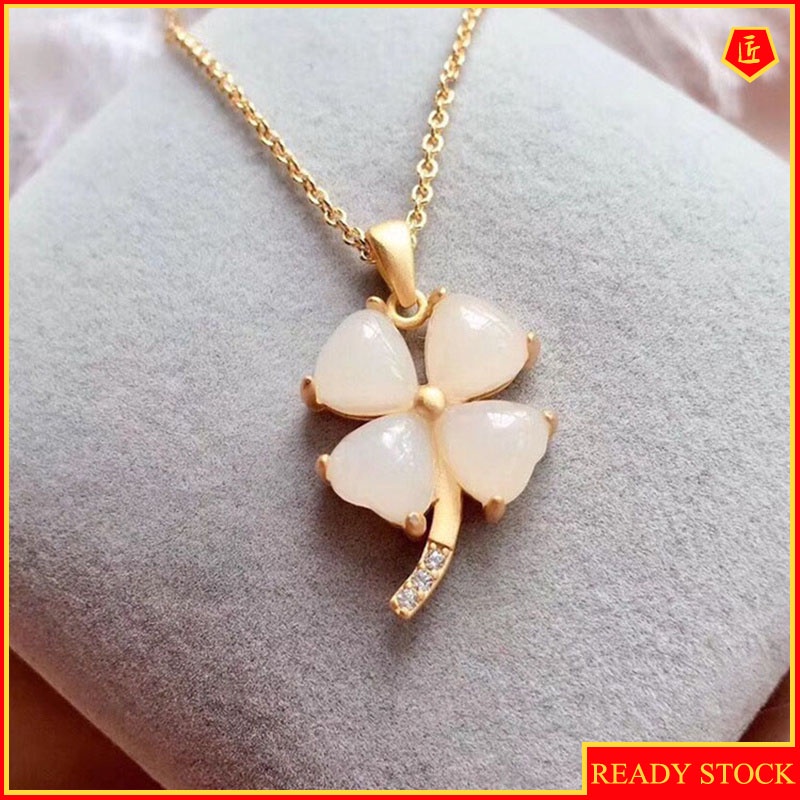 [Ready Stock]White Jade Four-Leaf Clover Pendant Fashion Necklace Birthday Gift