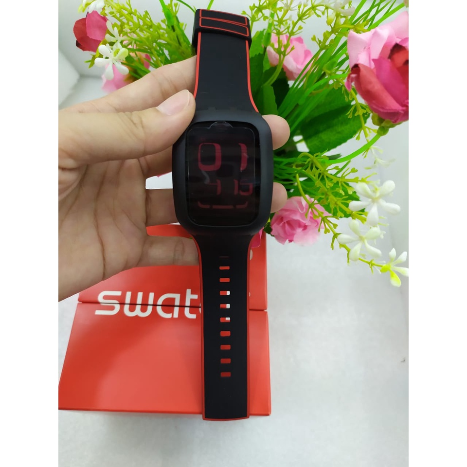 Jam Tangan Swatch Digital Karet Unisex Surb102E Blackisback Original