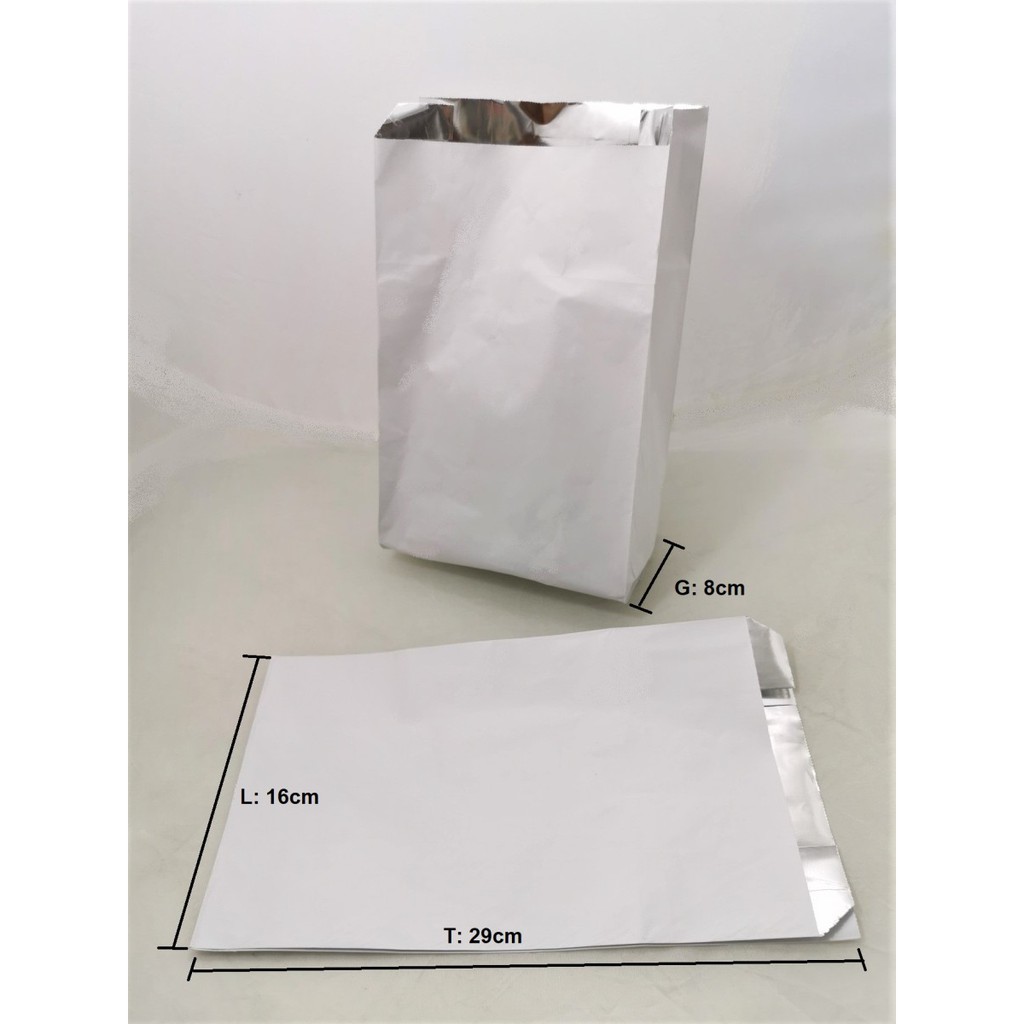 

Packaging Makanan / Kertas Roti Paperbag Flat Alumunium 16x8x29cm Tahan Panas, Dingin, Minyak, Air.