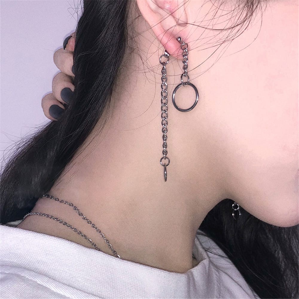 Anting Bulat Earrings Long Chain Hip Hop Earrings Double Chain