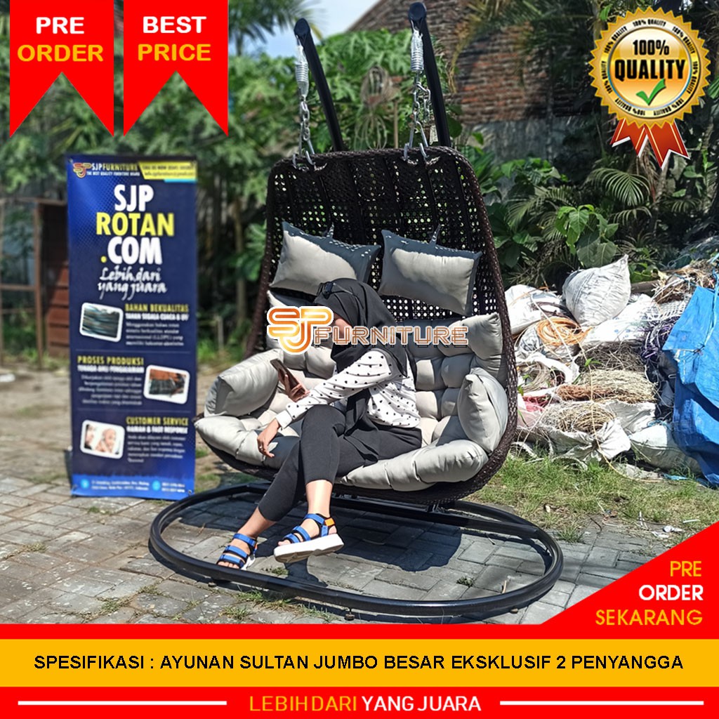 REAL PICTURE AYUNAN SULTAN DEWASA JUMBO EKSKLUSIF 2 PENYANGGA BESI ANYAMAN MATA AYAM ROTAN SINTETIS