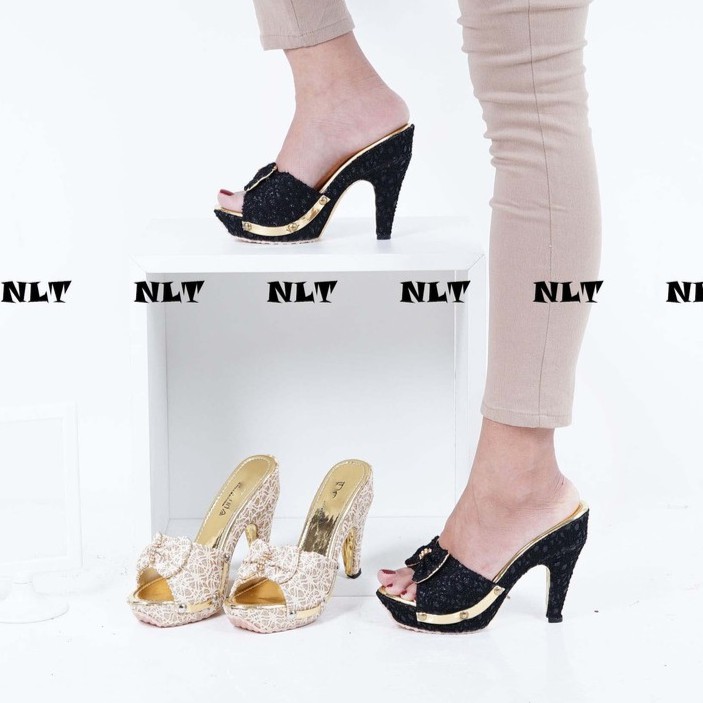 NunuLisaTan - Termurah High Heels Wanita Hak Tinggi 9cm Brukat Gliiter Pesta hitam cream