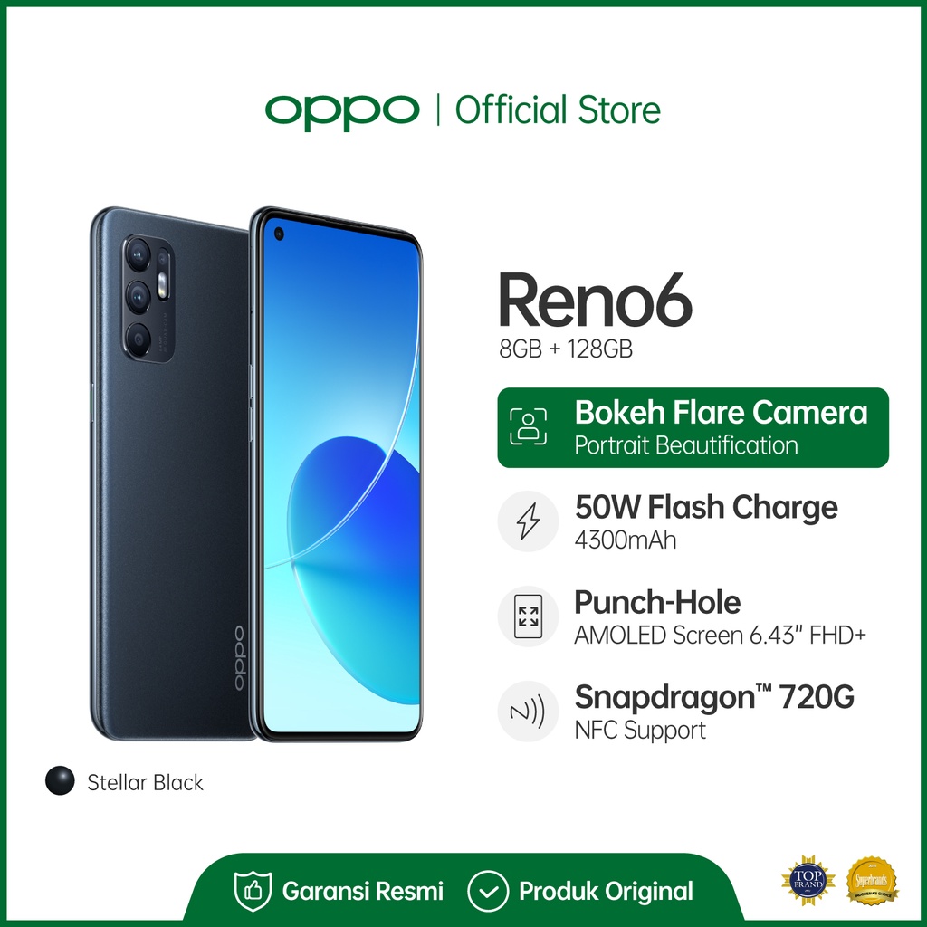 OPPO Reno6 8/128GB [64MP AI Quad Camera, 50W Flash Charge, OPPO Reno Glow]-Stellar Black