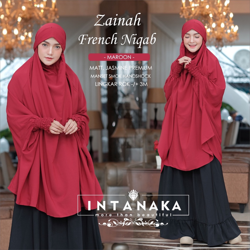 INTANAKA Zainah French Niqab Gamis Syari Polos Umroh Haji set Khimar Cadar Dewasa Jetblack