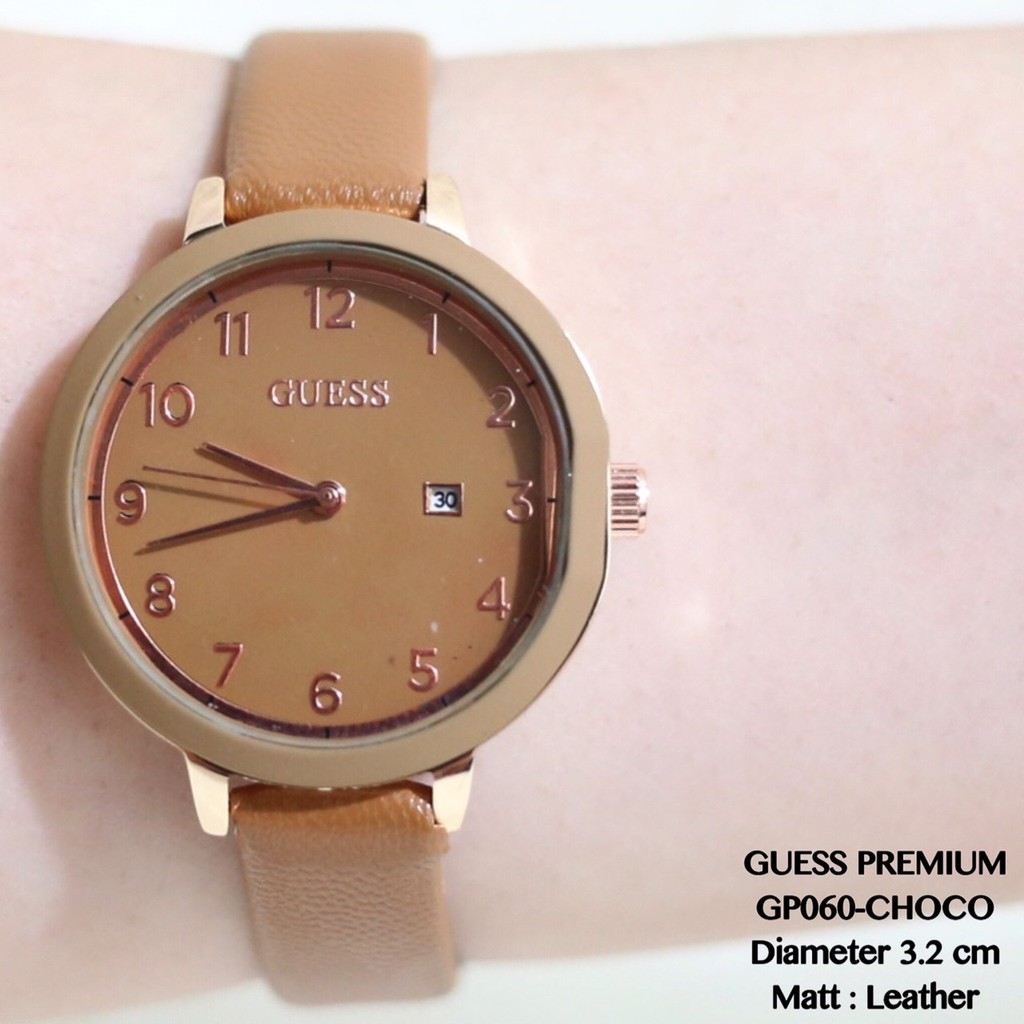 Jam tangan wanita GUESS premium tali kulit tanggal aktif leather flash sale termurah GP060