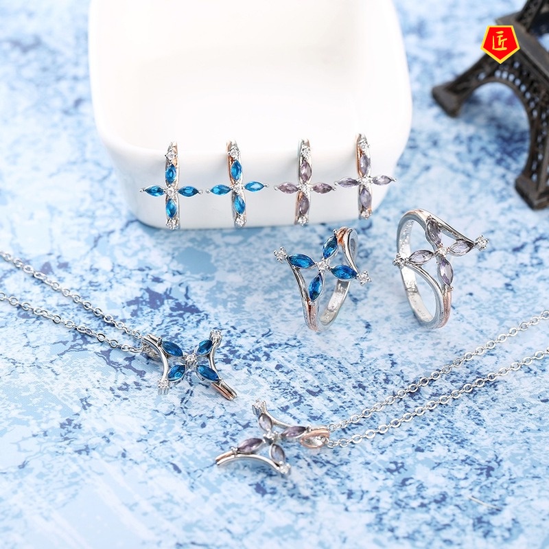 [Ready Stock]Inlaid Blue Crystal Ring Simple Elegant Niche