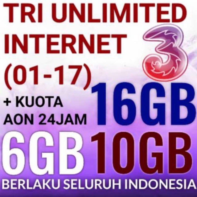 KUOTA TRI INJECT 3 AON UNLIMITED PLUS 6GB, 10GB, 16GB SUPER MURAH JOS JUARA