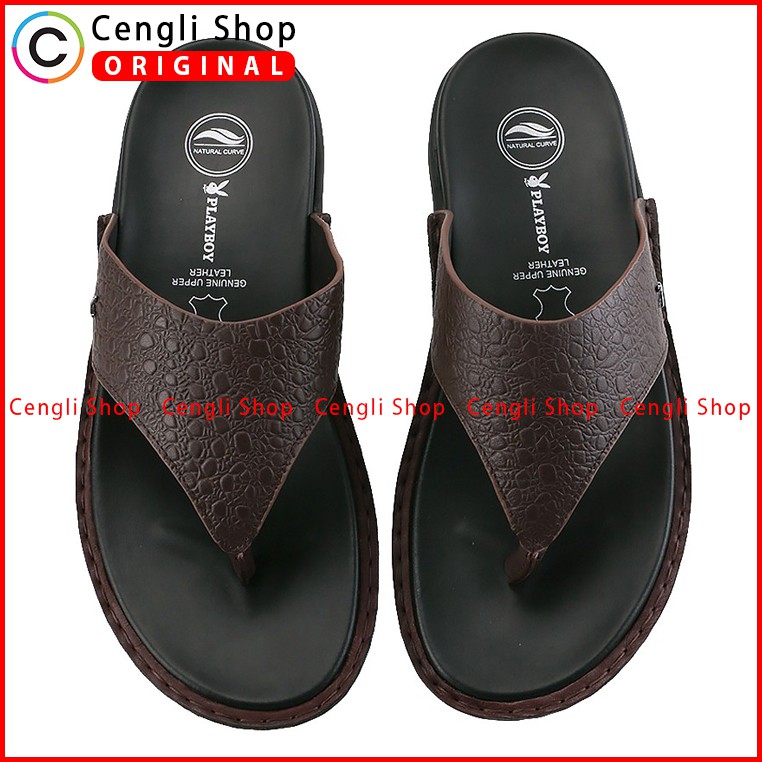 PLAYBOY SANDAL JEPIT KULIT CASUAL PRIA ORIGINAL TERBARU COKLAT PLC8