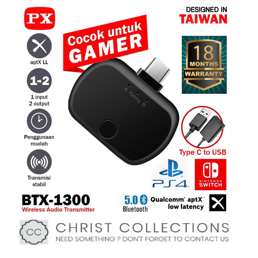 PX USB BLUETOOTH TRANSMITTER AUDIO TYPE C 5.0 HD STEREO BTX-1300
