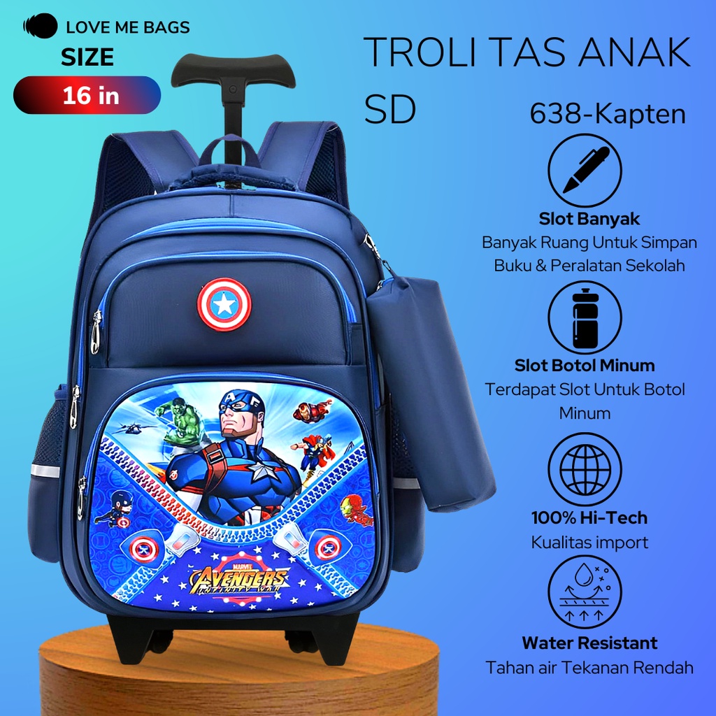 LMB Tas Troli Anak Laki Laki Sekolah SD Ransel Import Premium Karakter Gambar Superhero Timbul 6D Roda Dorong