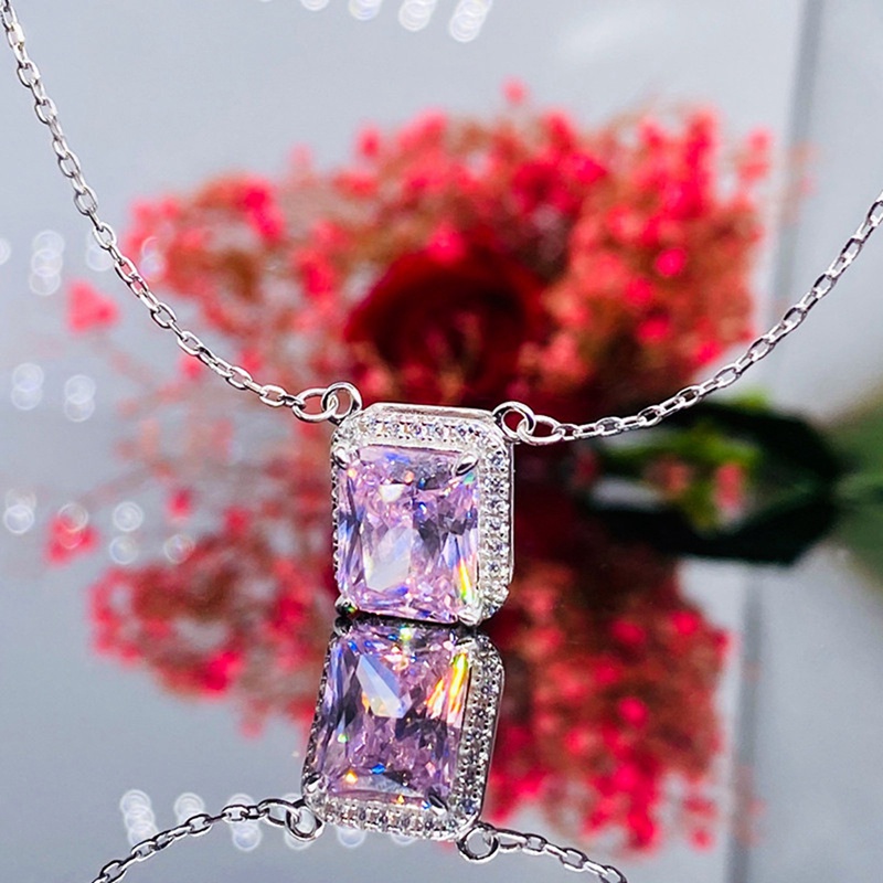 Kalung Liontin Bentuk Kotak Bahan Cubic Zirconia Warna Pink / Kuning Untuk Wanita