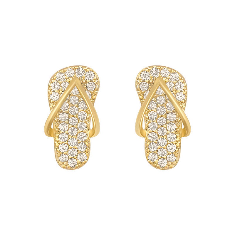 Anting Tusuk Desain Sandal Selop Mini Warna Gold Hias Kristal Untuk Wanita