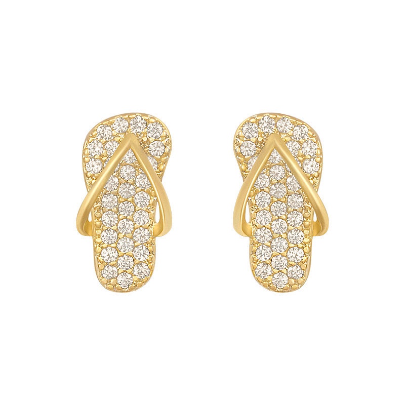 Anting Tusuk Desain Sandal Selop Mini Warna Gold Hias Kristal Untuk Wanita